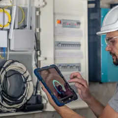 Elektryk sprawdza na tablecie dane instalacji. Dowiedz się, ile kosztuje przegląd instalacji elektrycznej i zapewnij sobie bezpieczeństwo.