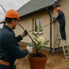 Pracownicy wykonują przyłącze energetyczne do domu. Jeden z nich przygotowuje kabel, drugi pracuje na drabinie przy skrzynce.