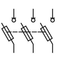 Schemat elektryczny z trzema bezpiecznikami, każdy z okręgiem i linią. Symbol RBK.