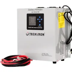 Ups, co to? Zasilacz awaryjny Techtron ZA-TECH-700 z czarnym kablem i czerwono-czarnymi przewodami akumulatorowymi.