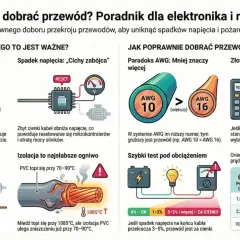 Ilustracja pokazuje, jak dobrać przewód, aby uniknąć spadków napięcia i przegrzania. Omówiono prawo Joule'a, paradoks AWG i test obciążenia. Zwrócono uwagę na napięcie krokowe.