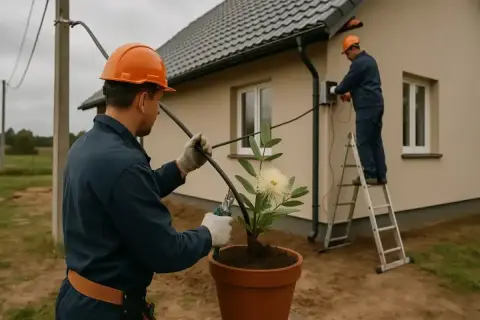 Pracownicy wykonują przyłącze energetyczne do domu. Jeden z nich przygotowuje kabel, drugi pracuje na drabinie przy skrzynce.