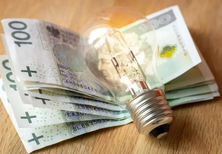 Żarówka na stosie banknotów 100 zł symbolizuje wysokie rachunki za prąd.