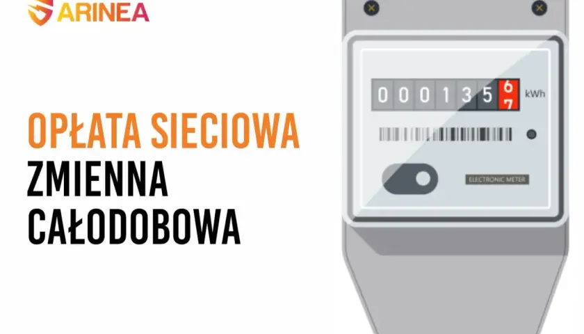 Zliczanie zużycia energii: opłata sieciowa zmienna całodobowa. Licznik elektroniczny pokazuje 000135.67 kWh.