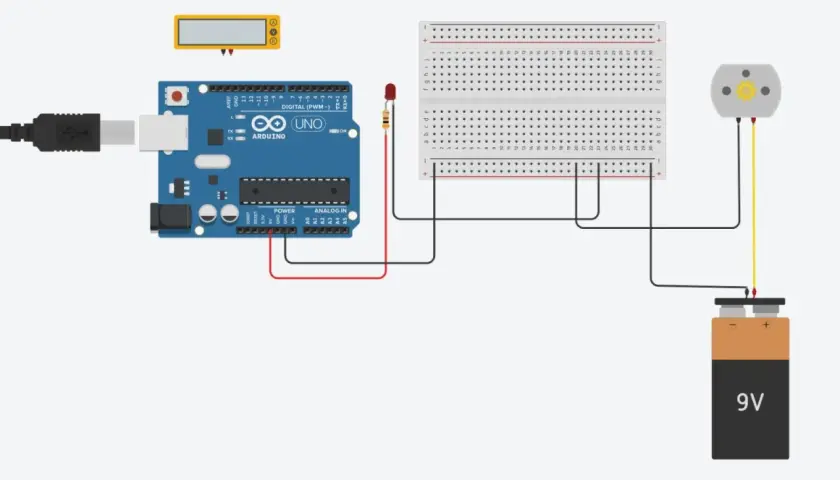 Schemat połączeń Arduino Uno z silnikiem i baterią 9V. Widać też płytkę styków i diodę LED. GND to punkt masy.