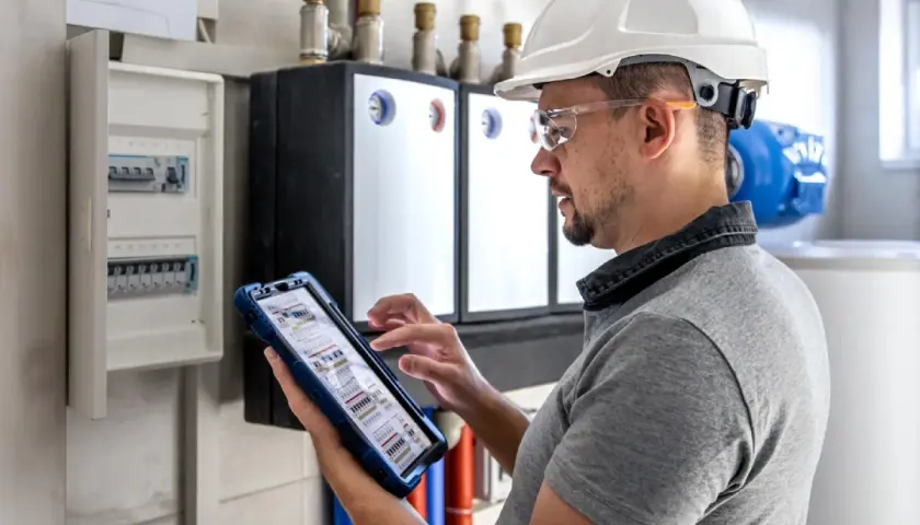 Elektryk w kasku i okularach ochronnych dokonuje przeglądu instalacji elektrycznej, korzystając z tabletu.
