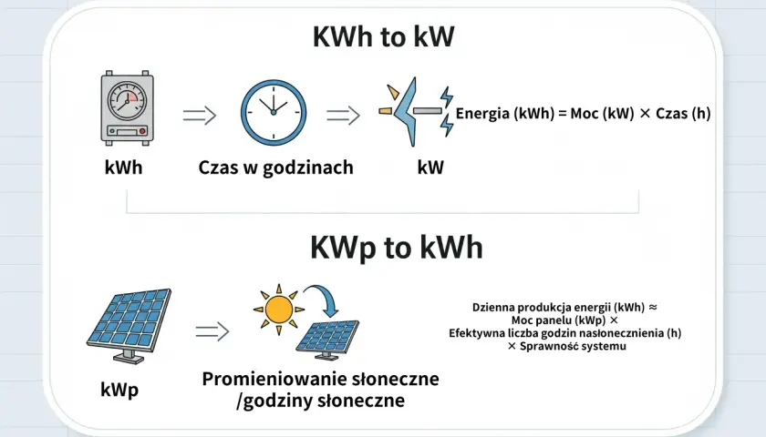 Diagram wyjaśnia, jak przeliczyć kWh na kW (moc) i jak obliczyć dzienną produkcję energii z paneli fotowoltaicznych (kWp).