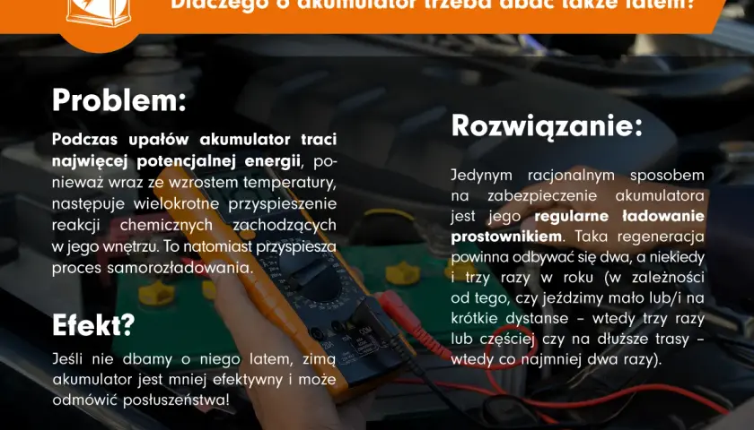 Latem akumulator traci energię. Regularne ładowanie prostownikiem zapobiega jego samorozładowaniu i zapewnia sprawność zimą.