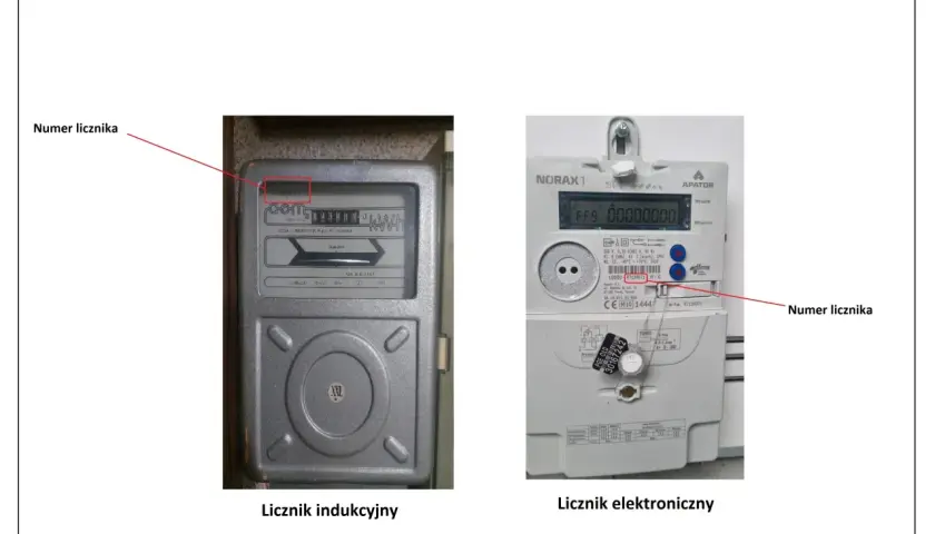 Na zdjęciu dwa liczniki prądu: indukcyjny i elektroniczny. Strzałki wskazują, gdzie znajduje się numer licznika, potrzebny do podania stanu licznika prądu.