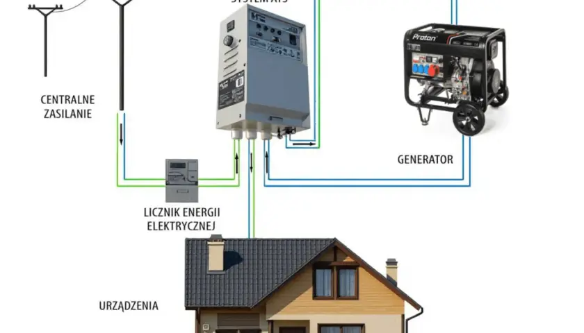 Schemat podłączenia agregatu prądotwórczego do domu jednorodzinnego. System ATS automatycznie przełącza zasilanie z sieci na generator.