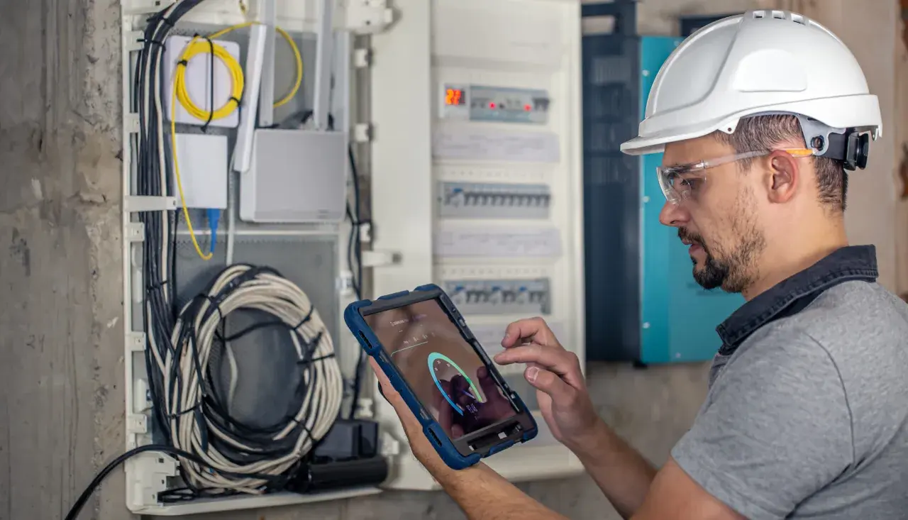 Elektryk sprawdza na tablecie dane instalacji. Dowiedz się, ile kosztuje przegląd instalacji elektrycznej i zapewnij sobie bezpieczeństwo.