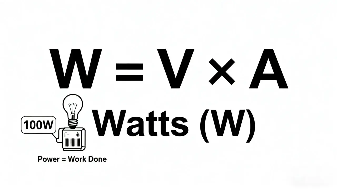 W = V x A. Moc (W) to iloczyn napięcia (V) i natężenia prądu (A).