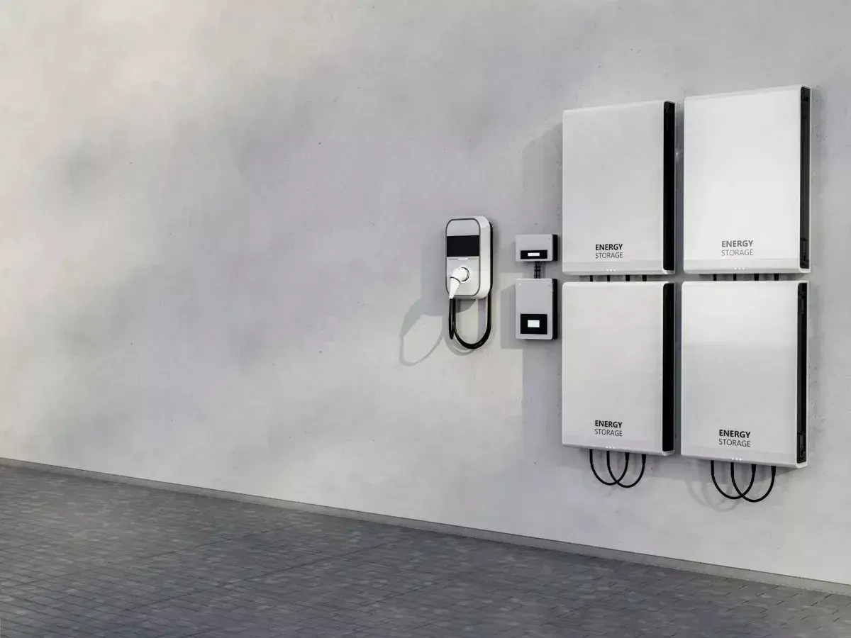 Nowoczesny bank energii 5kW z ładowarką do pojazdów elektrycznych na ścianie.