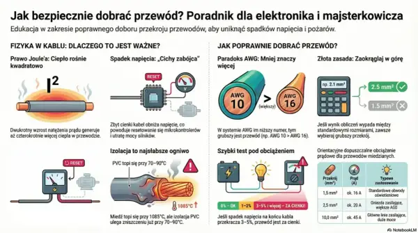 Schemat pokazuje, jak dobrać przewód, uwzględniając prawo Joule'a, spadek napięcia i paradoks AWG. Wybieraj grubszy przekrój, jeśli obliczenia wypadają między standardowymi rozmiarami.
